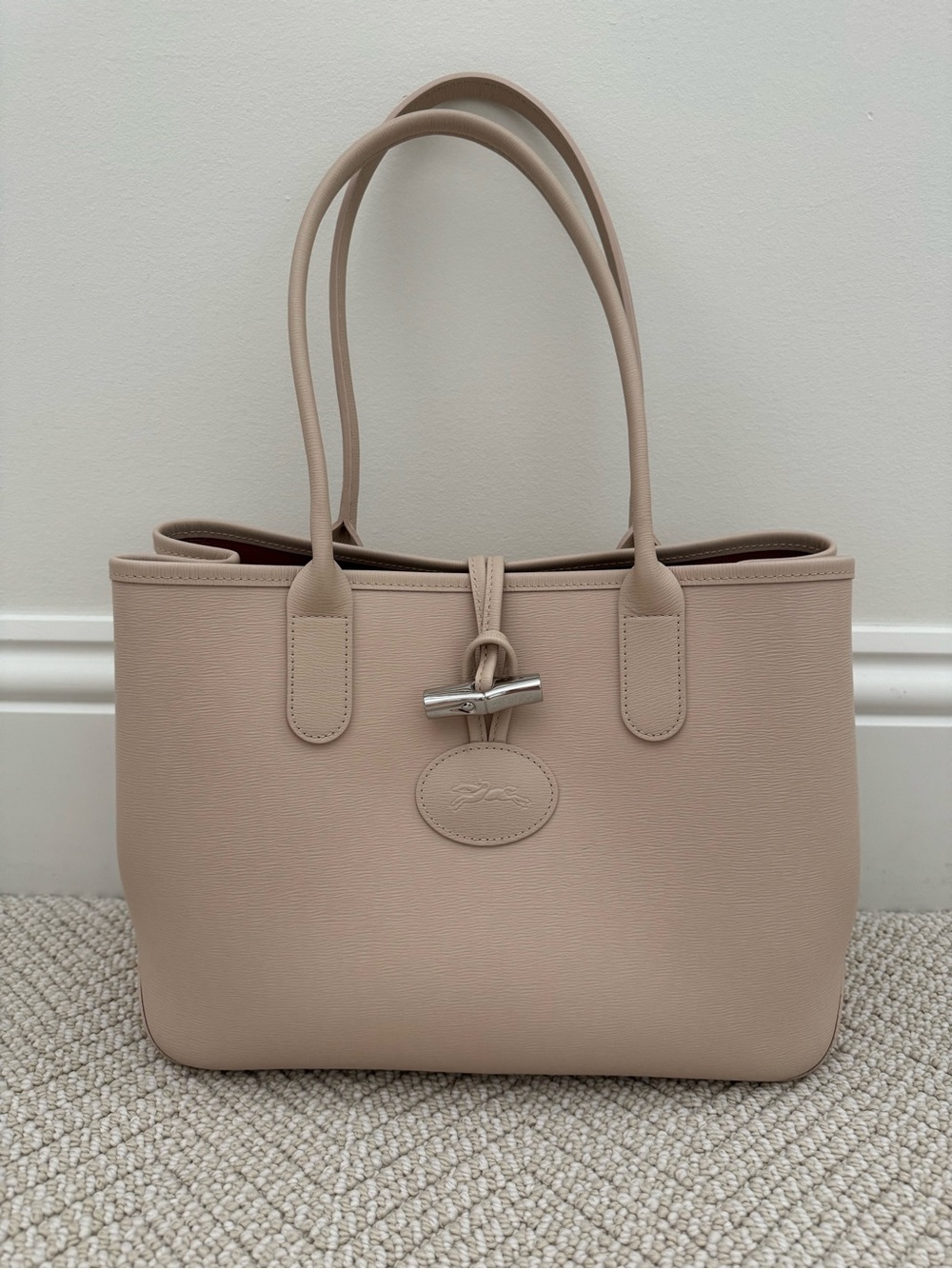 Longchamp Nude Beige Leather Tote with Silver Toggle